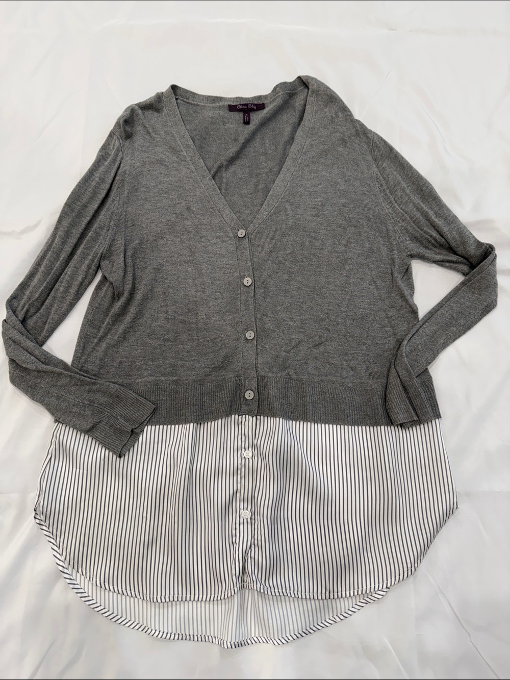 Olivia Sky Gray Layered Twofer V-Neck Button Front Sweater-Medium
